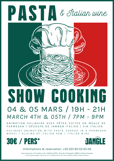 À l’occasion du Salon JEC World 2025, le Jangle Hotel Paris CDG Airport vous propose une expérience culinaire unique les mardi 4 et mercredi 5 mars, avec sa soirée Pasta & Italian Wine ».