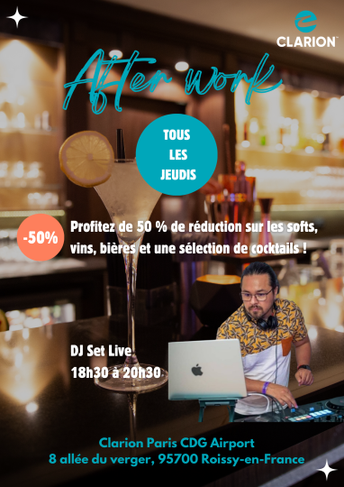 Complétez votre journée d'affaires par un moment de détente au Clarion Clarion Paris CDG Airport qui propose tous les jeudis son "Afterwork" avec :