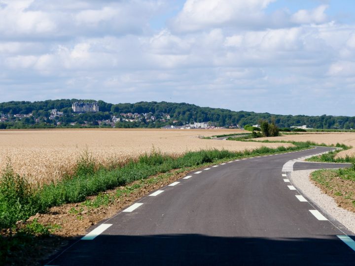 une image de la voie verte reliant le mesnil aubry à écouen avec en fond le chateau d'écouen